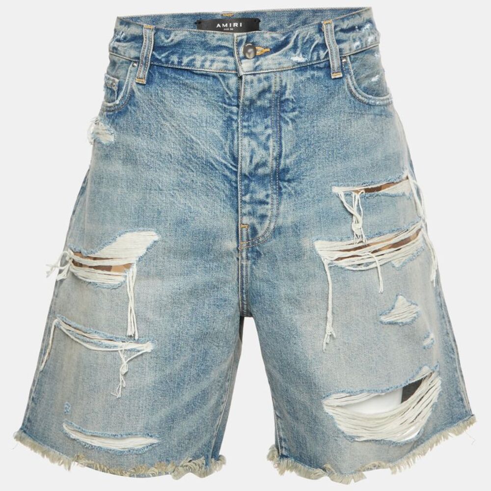 Amiri Blue Denim Distressed Shorts Xl/waist 39